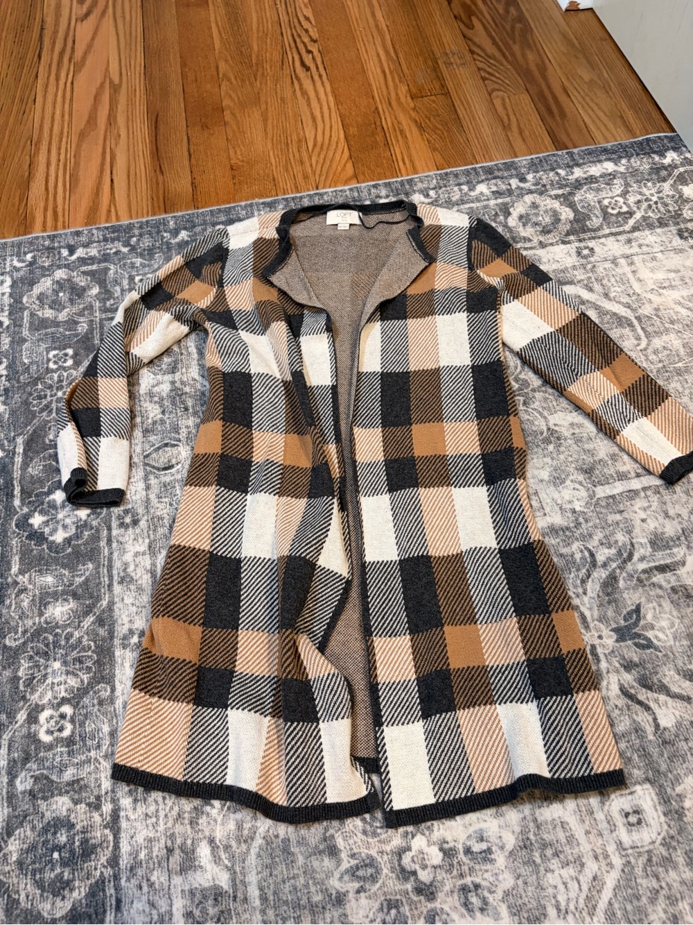 LOFT Plaid Open-Front Cardigan - Camel, Black, White